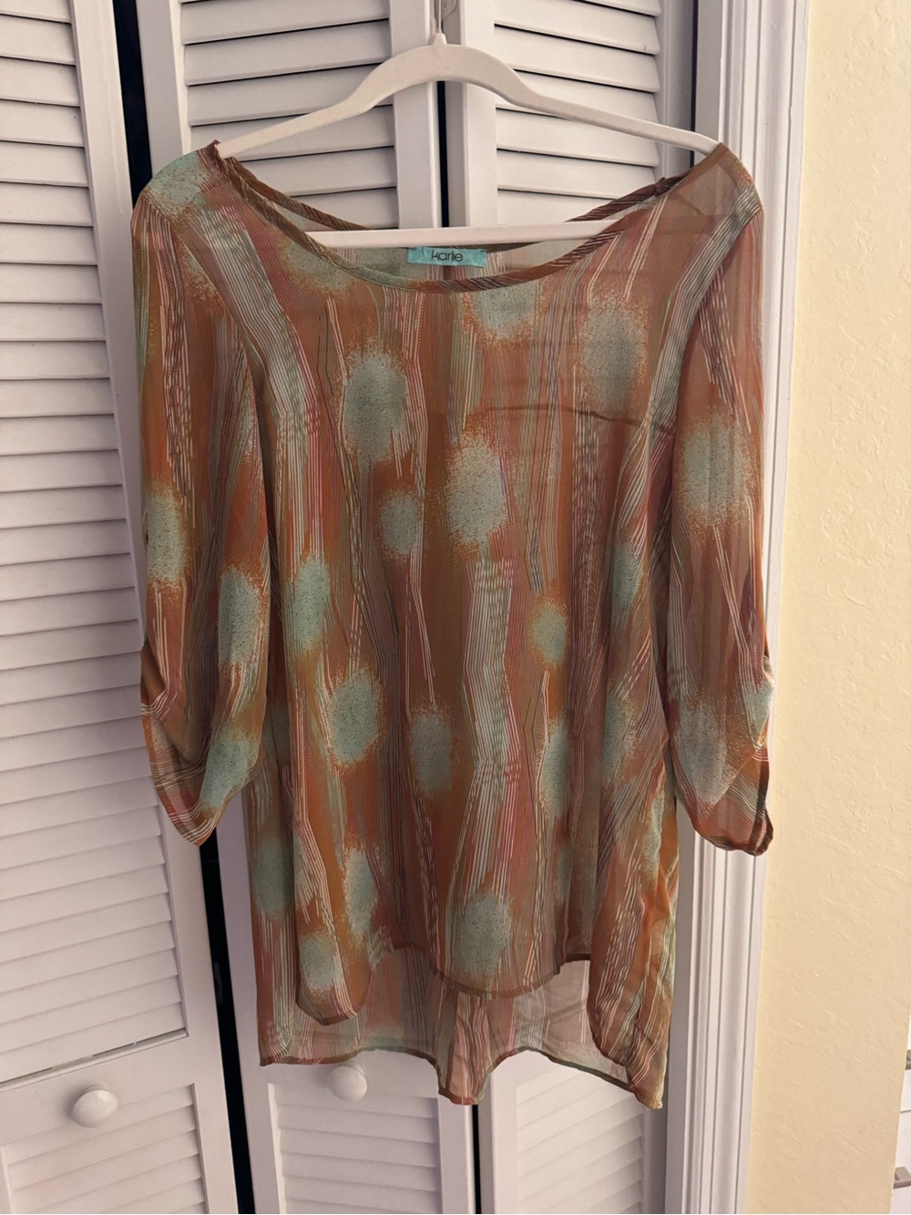 Karlie Sheer Rust and Mint Abstract Scoop Neck Blouse